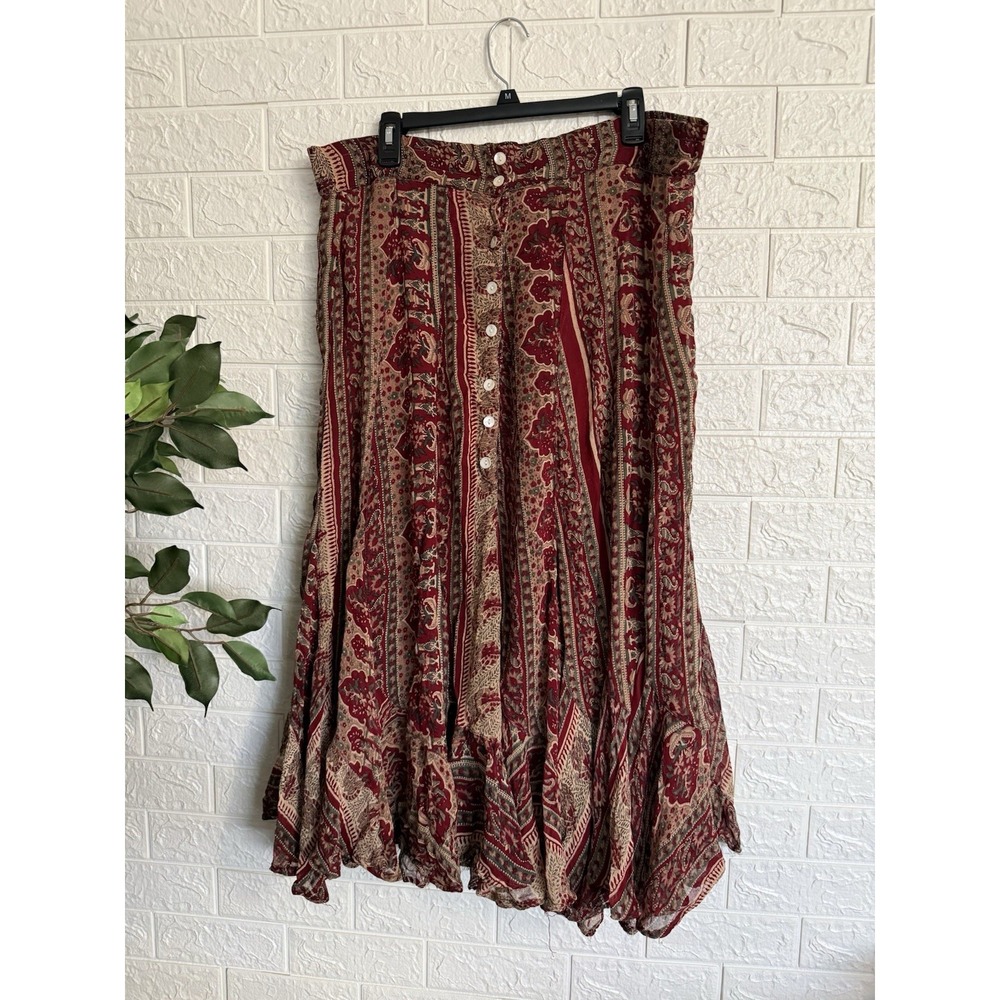 Bila Womens Maxi Boho Pleated Skirt Elastic Waist Button Print Multicolor M